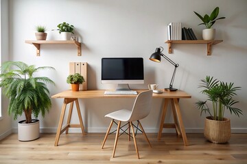 A desk with a computer, a keyboard, a mouse, a cup, and a potted plant