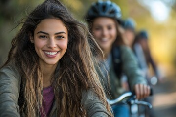 Obraz premium Female friends enjoying bicycle ride, Generative AI