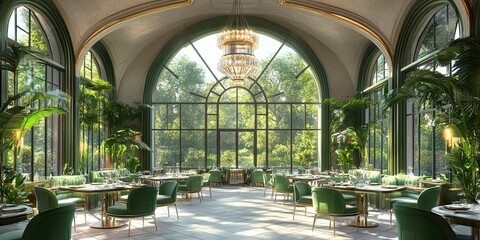 futuristic green restaurant with large windows, peaked and high ceiling and aesthetic classic chandelier 