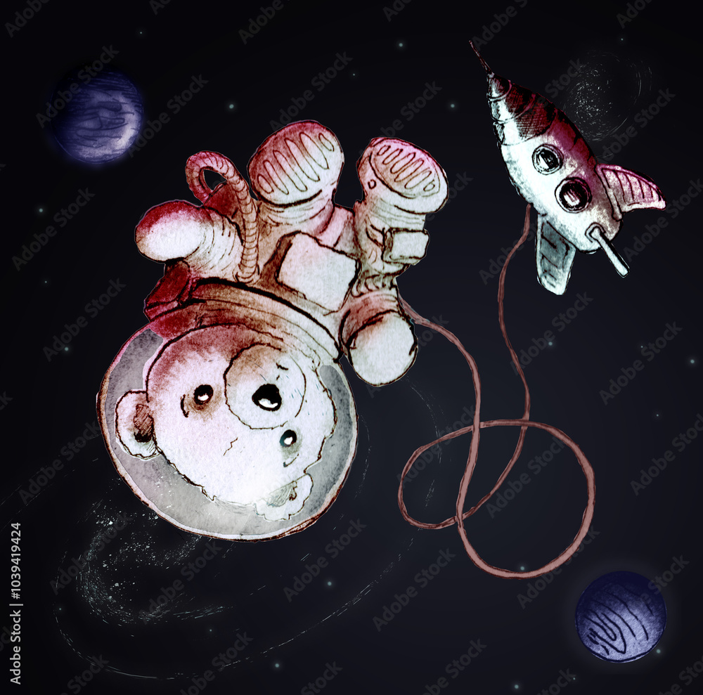 Wall mural cartoon teddy bear astronaut in space