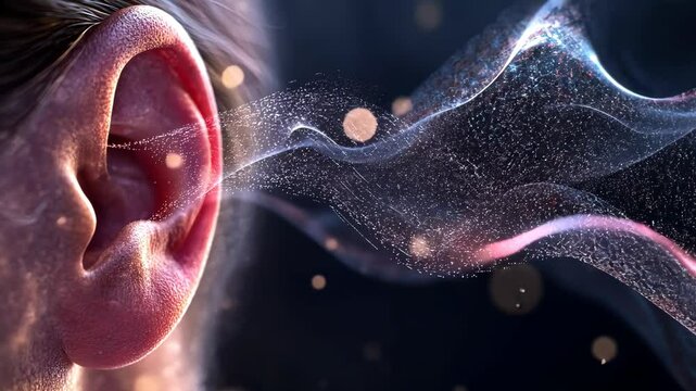 A close-up of a human ear with a swirling stream of light particles entering it