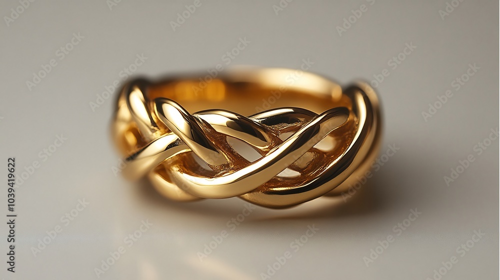 Poster gold toe ring with a twisted band design isolated on a plain minimalistic background emphasizing its
