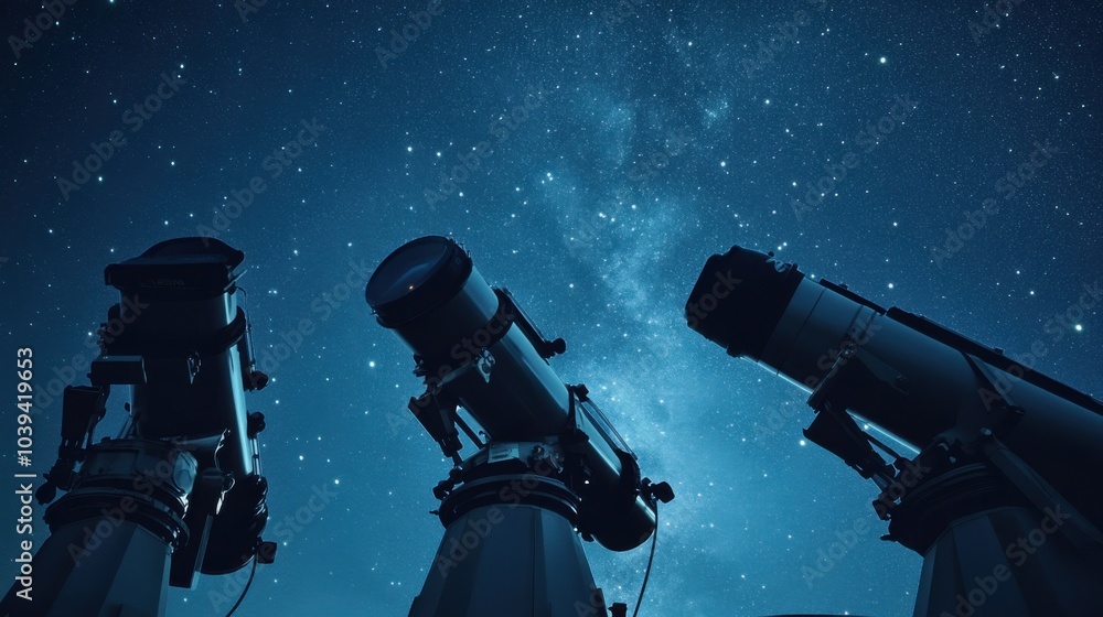 Poster a peaceful astronomy observatory with telescopes and star charts, telescopes aligned under a clear n
