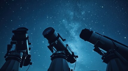 A peaceful astronomy observatory with telescopes and star charts, Telescopes aligned under a clear night sky, Astronomical observatory style