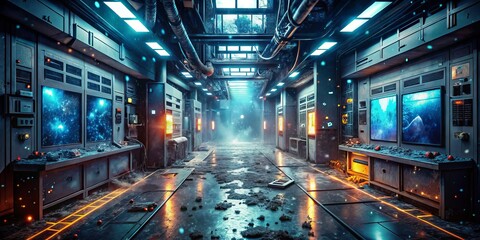 Technological Disaster Corridor of a Secret Bunker Laboratory: Exploring the Aftermath of Advanced Experiments Gone Wrong in a Futuristic Setting
