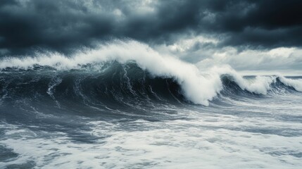 Obraz premium Dramatic image of a towering tsunami wave approaching the shoreline showcasing the immense power and destructive force of nature s most formidable water phenomena The image captures the turbulent
