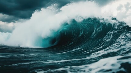 A dramatic and image capturing a towering tsunami wave as it approaches the shoreline showcasing the immense power and destructive force of the ocean  The image conveys a sense of danger intensity