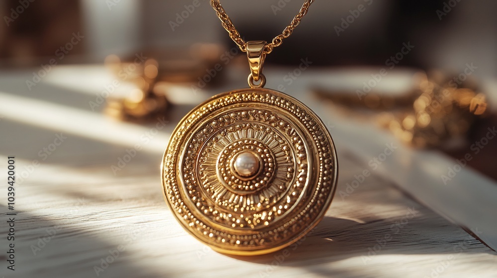 Poster golden artifact from ancient times with ornate patterns and classic pendant design elegantly display