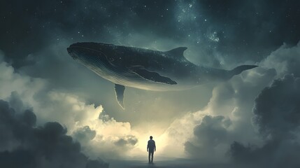 Fototapeta premium A surreal scene of a man standing before a giant glowing whale floating in a mystical, foggy landscape under the stars..