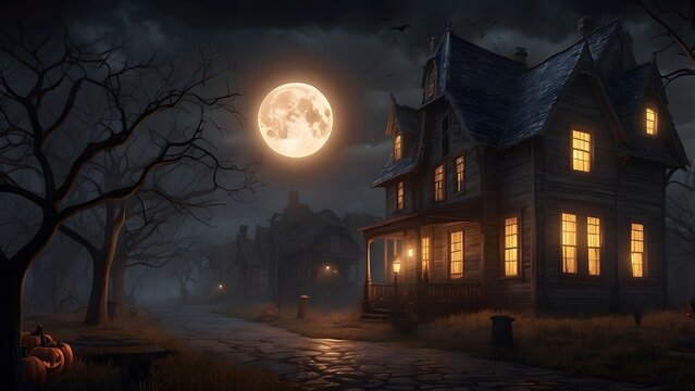 A Halloween moody horror house with creepy streets full moonlit sky, flying bats dead trees Halloween scary design house poster, holiday event Halloween banner background