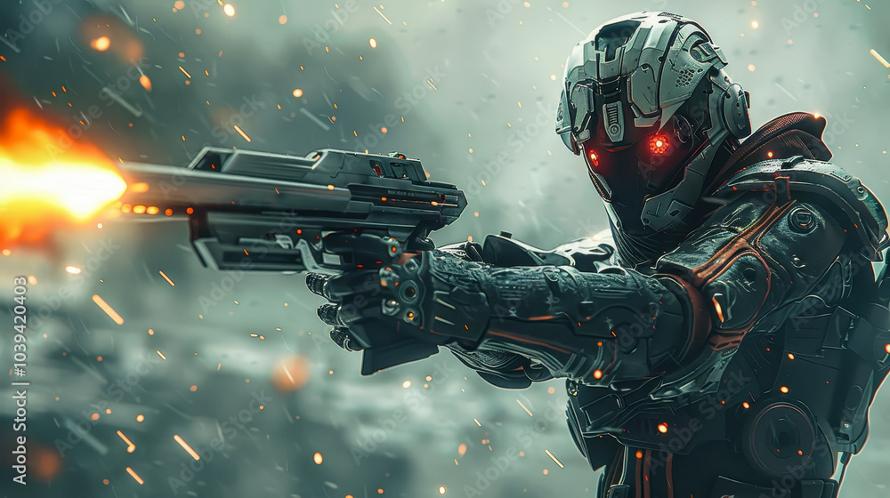 Poster futuristic sci-fi gaming character in high-tech armor aiming and shooting advanced weapon in intense
