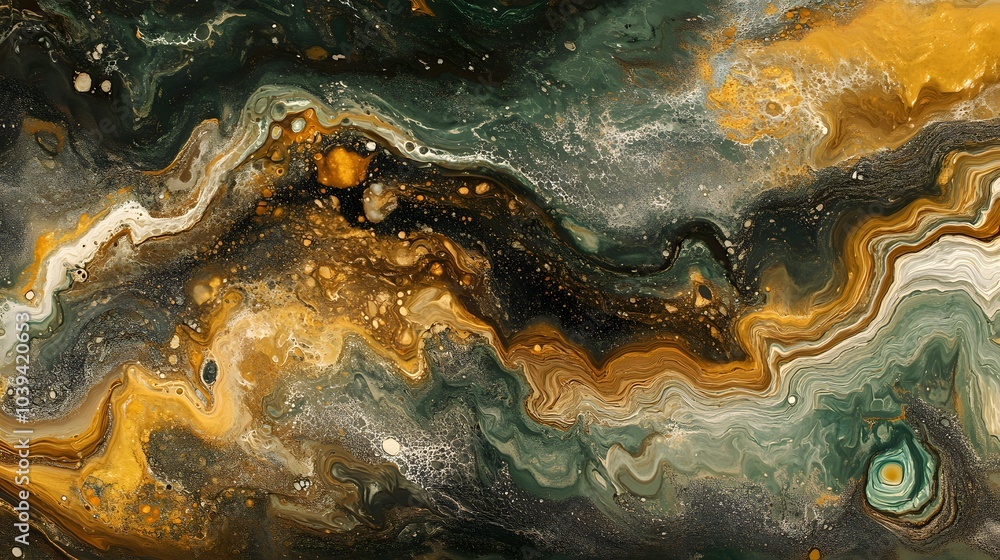 Poster an abstract fluid art composition in shades of green, yellow, and orange, creating a bold and dynami