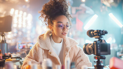 Engaging beauty influencer live streaming makeup application with creative vibes and aesthetic setting