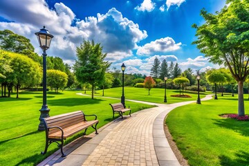Naklejka premium Tranquil Green Park Landscape with Lush Grass, Serene Pathways, and Clear Blue Sky for Architectural Photography and Nature Lovers