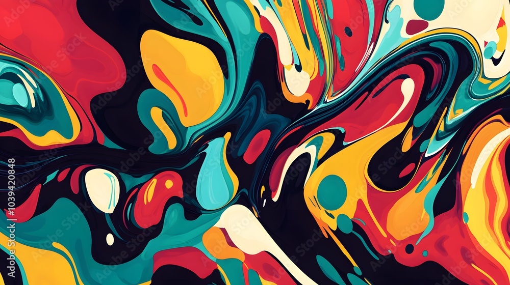 Poster a dynamic abstract design with flowing shapes in bold red, yellow, blue, and green tones, creating a