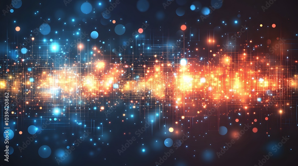 Poster abstract background with vibrant blue and orange glowing particles and grid patterns, creating a fut