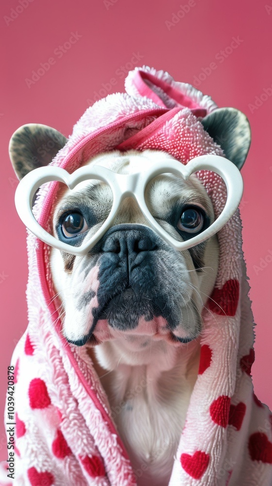 Canvas Prints A dog wearing heart-shaped glasses and a pink towel. AI.