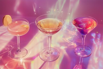 Three colorful cocktails in elegant glasses with a stunning pink and purple light effect, creating a festive mood.