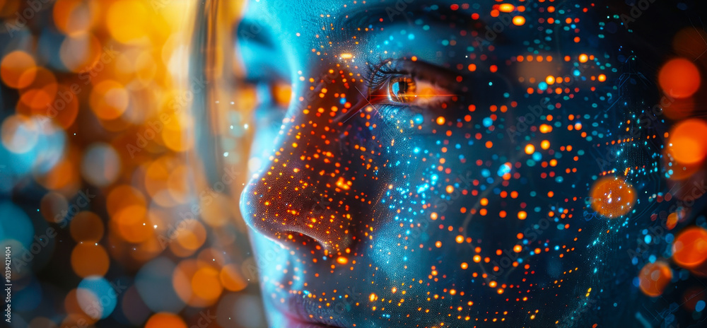 Poster futuristic ai enhanced face with digital automation imagery depicting efficient business processes a