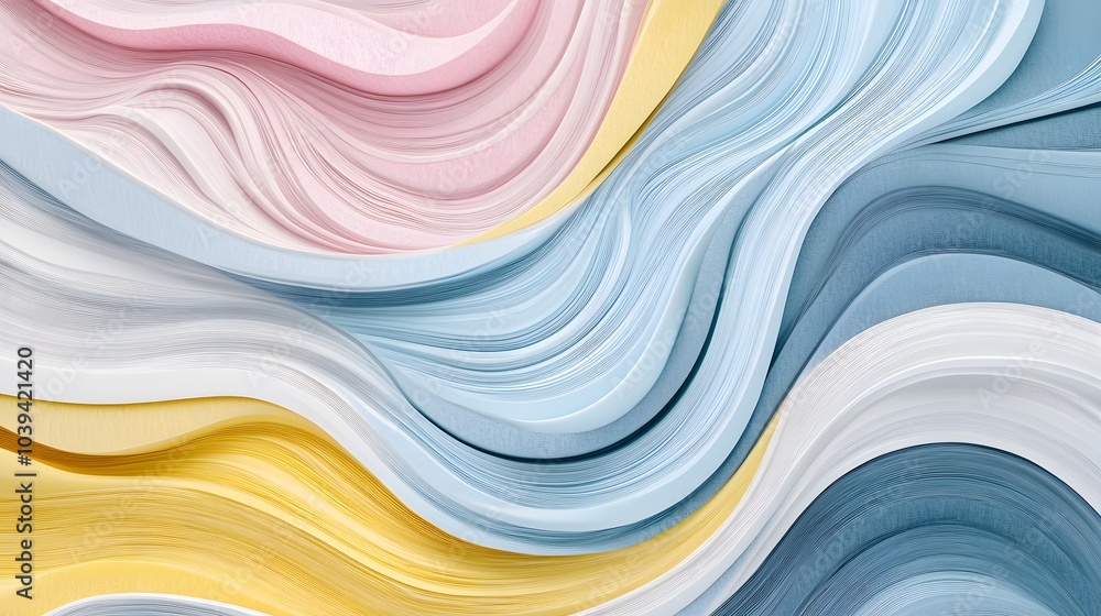 Poster fluid abstract waves in soft pastel hues blending orange, blue, and yellow tones, creating a smooth 