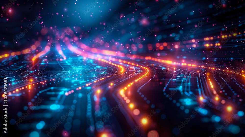 Poster digital transformation roadmap with key milestones and objectives in a futuristic setting highlighti