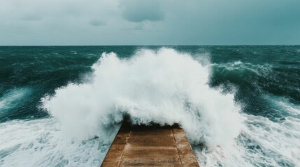 Powerful crashing waves colliding against a sturdy seawall capturing the endless dramatic battle between the raw untamed forces of nature and the unyielding structures built by human hands