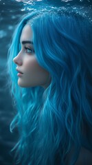 Profile of a woman with vibrant blue hair floating underwater, creating a serene and dreamy atmosphere.
