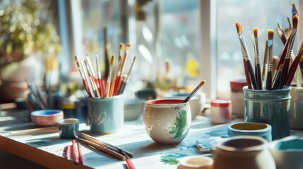 A peaceful ceramics painting studio with ceramic paints and pottery, Painting tools organized in a bright studio space, Artistic studio style