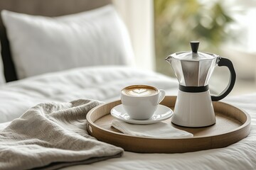 Fototapeta premium A wooden tray with cappuccino and moka pot beside a cozy bed, epitomizing a relaxing and comforting morning.