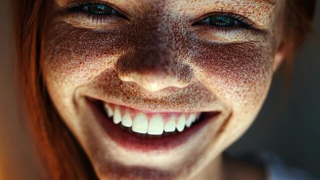 A woman with freckles smiles broadly, showing off her white teeth