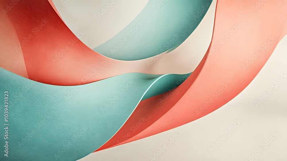 Poster an abstract design featuring smooth, flowing curves in shades of red, teal, and beige, creating a dy