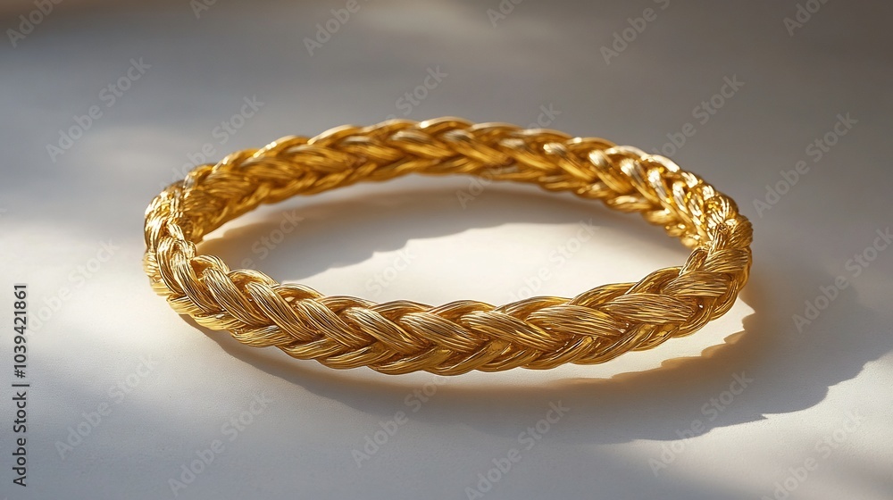 Poster handcrafted gold bangle with braided texture displayed on a minimalistic surface emphasizing the det