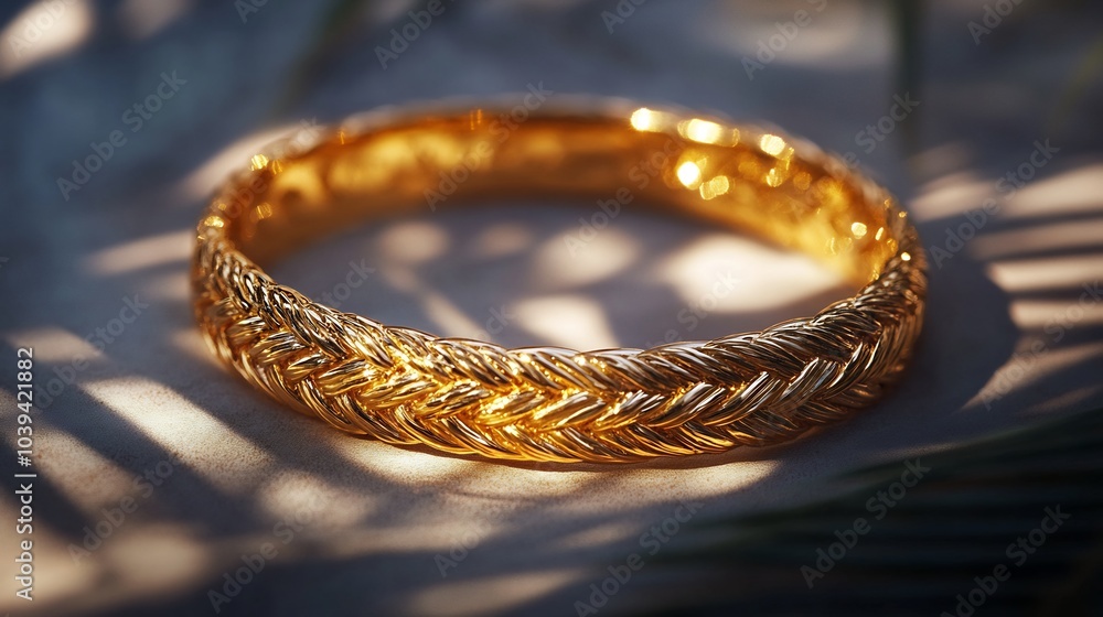 Poster handcrafted gold bangle with braided texture displayed on a minimalistic surface emphasizing the det