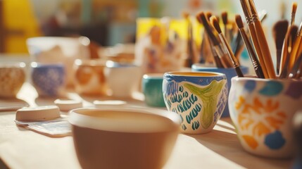 A peaceful ceramics painting workshop with ceramic paints and pottery, Painting tools organized in a bright workshop setting, Artistic workshop style