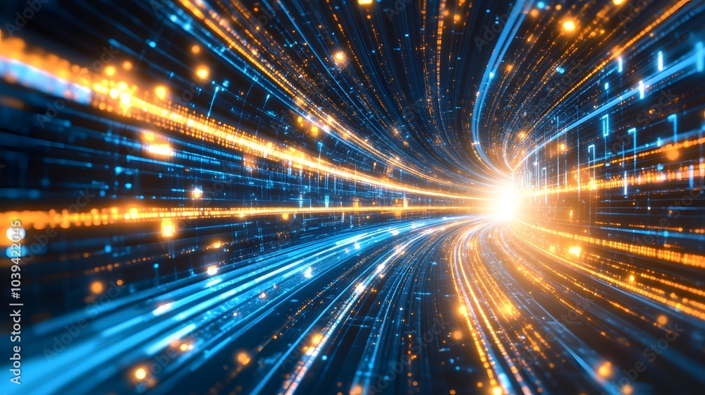 Poster a futuristic tunnel filled with blue and orange data streams, symbolizing fast data transmission, te