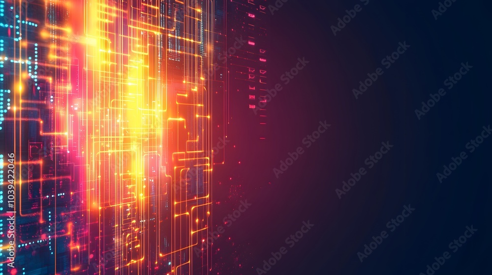 Poster a futuristic image of a glowing circuit board with vibrant orange and blue lights, representing digi