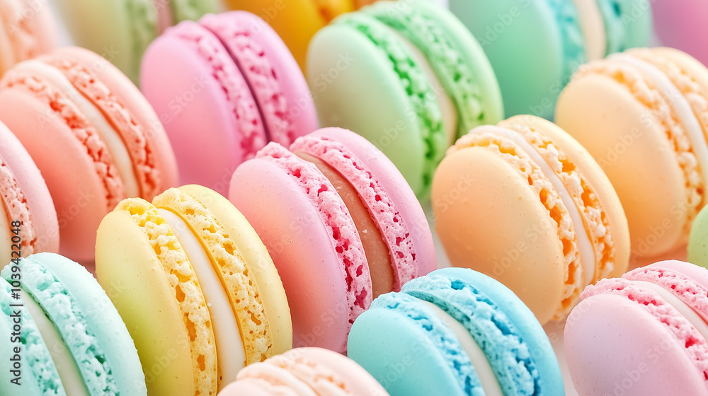 Aufkleber rows of assorted macarons in pastel colors create an inviting dessert selection in a stylish bakery