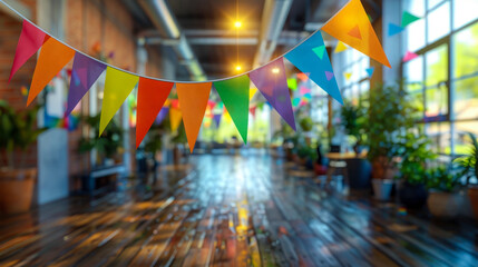 Vibrant Creative Office Decorated for Pride Month with Rainbow Flags and Bunting Celebrating LGBTQ+ Diversity and Inclusion