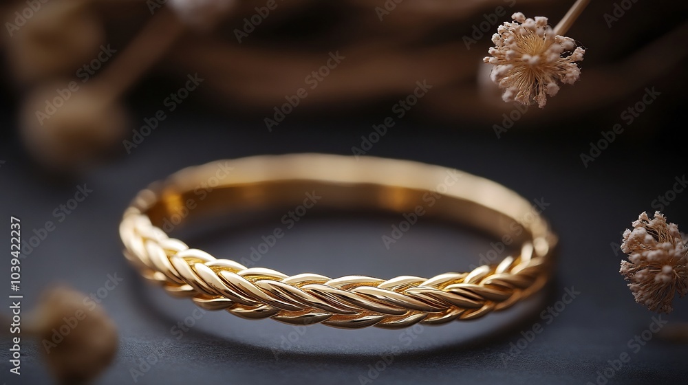 Poster handcrafted gold bangle with braided texture displayed on a minimalistic surface emphasizing the det