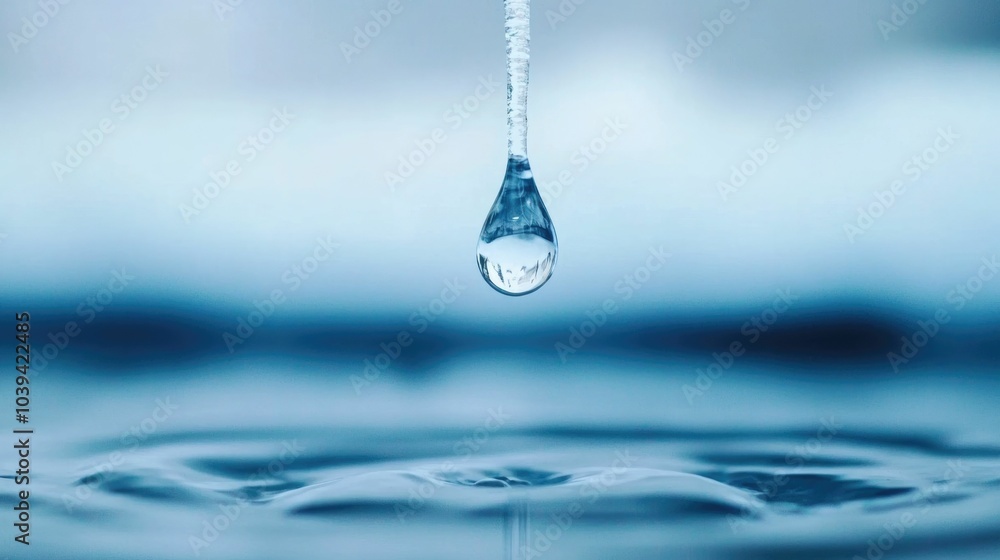 Poster a captivating close up of a single water drop gently falling from the tip of an icicle showcasing th