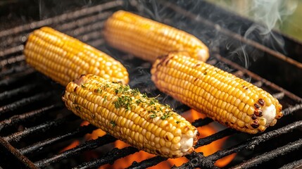Grilled corn on the cob with smoky flavor and charred perfection, close-up view.