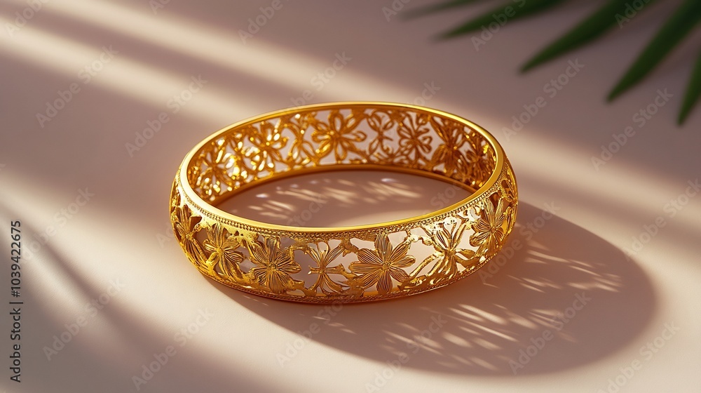 Aufkleber handcrafted gold bangle with delicate filigree patterns displayed on a plain minimalistic backdrop s