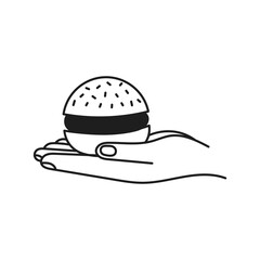 Burger in Hand Line Icon. Doodle Gesturing with Hamburger. Fast food outline symbol. Sketch design element for Restaurant and Eatery. Vector illustration