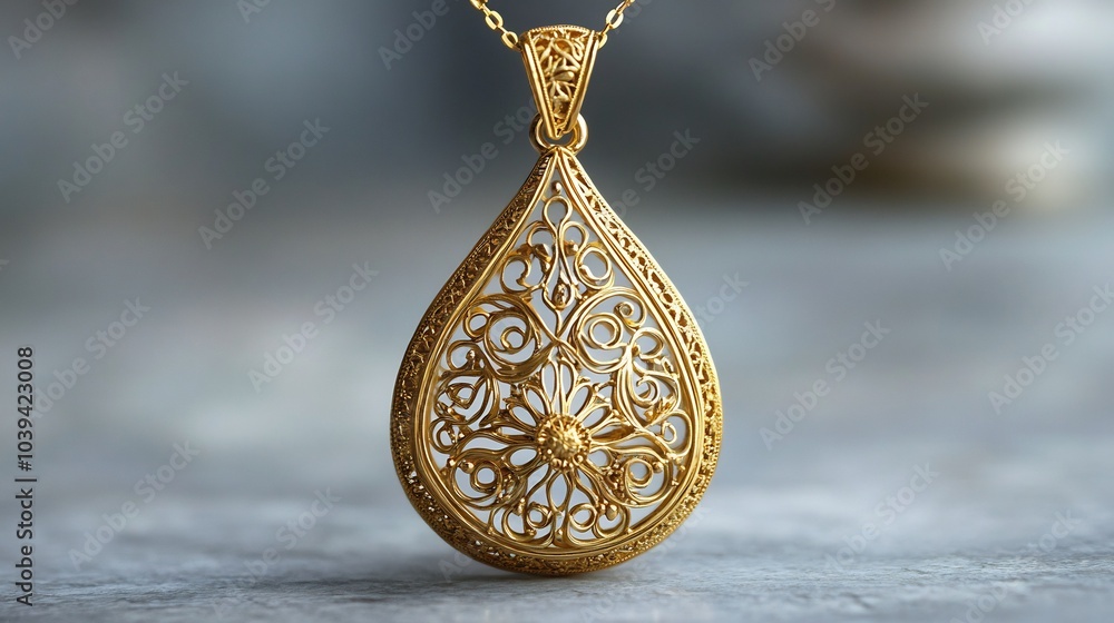Aufkleber handcrafted pendant with intricate filigree patterns displayed on a neutral minimalistic background 