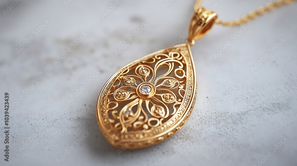 Aufkleber handcrafted pendant with intricate filigree patterns displayed on a neutral minimalistic background 