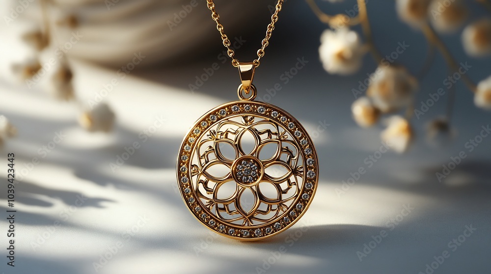 Poster handcrafted pendant with intricate filigree patterns displayed on a neutral minimalistic background 