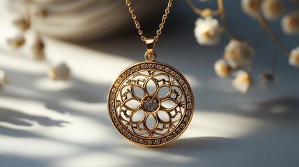 Handcrafted pendant with intricate filigree patterns displayed on a neutral minimalistic background highlighting the artistry of gold craftsmanship