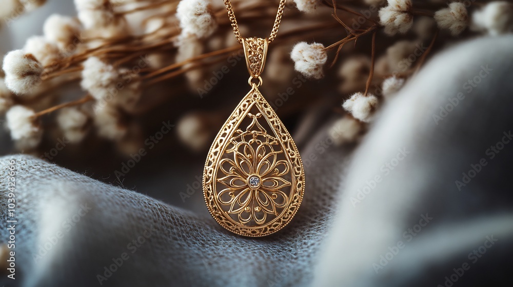Poster handcrafted pendant with intricate filigree patterns displayed on a neutral minimalistic background 