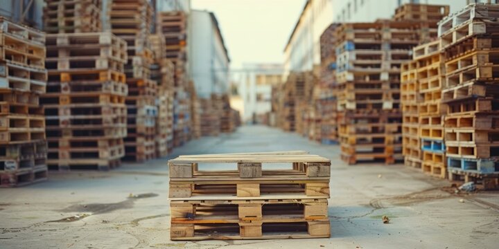 A stack of wooden pallets in a warehouse. AI.