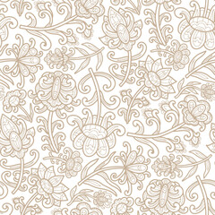 Swirl ornament, hand drawn beige flowers, white background. Seamless floral pattern-452.